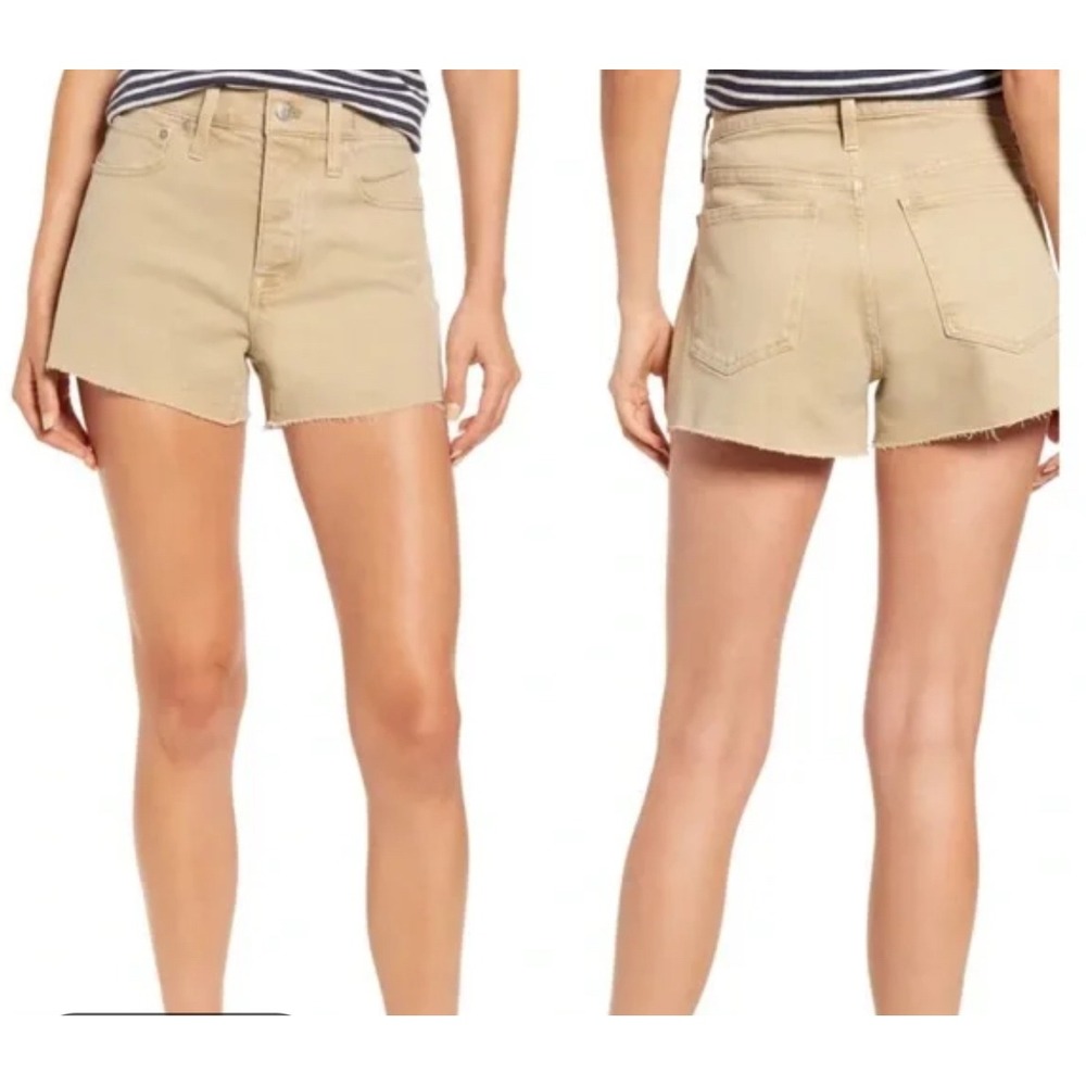 Madewell Relaxed Tan Frayed Hem Button Fly Khaki Denim Shorty Shorts Size 30 EUC